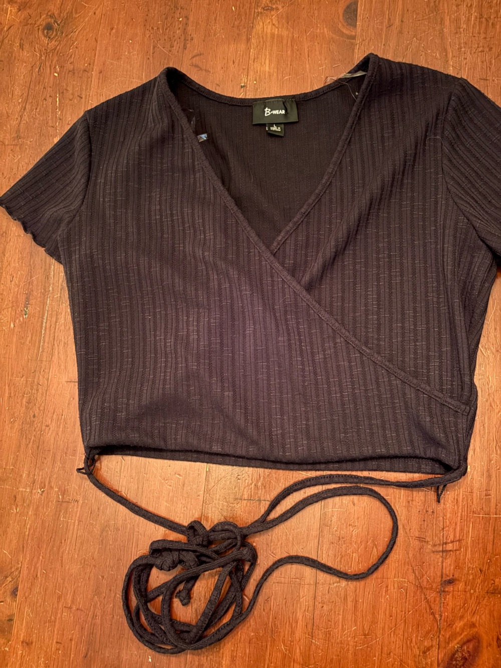 Bwear Black Ribbed Wrap Crop Top with Long Tie